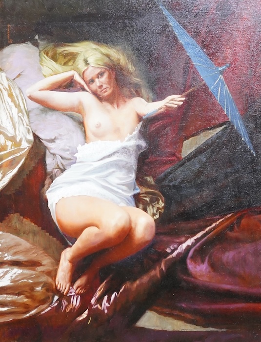Continental School, Study of a semi-nude woman holding an umbrella, indistinctly signed, oil on canvas, 68 x 88cm